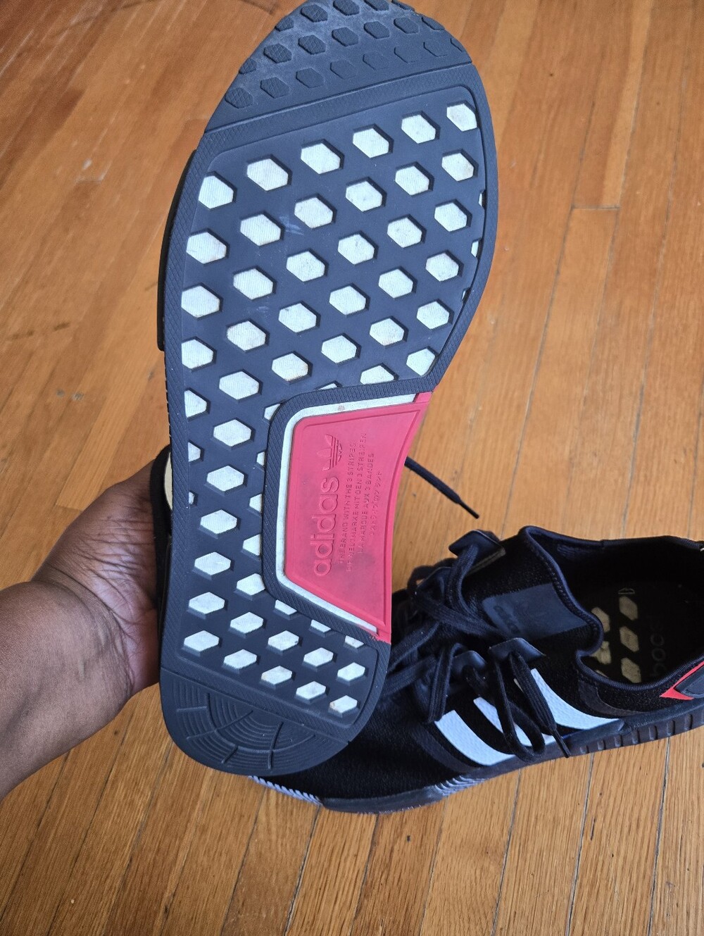 adidas Black Sneakers with White Stripes and Red Heel Insert